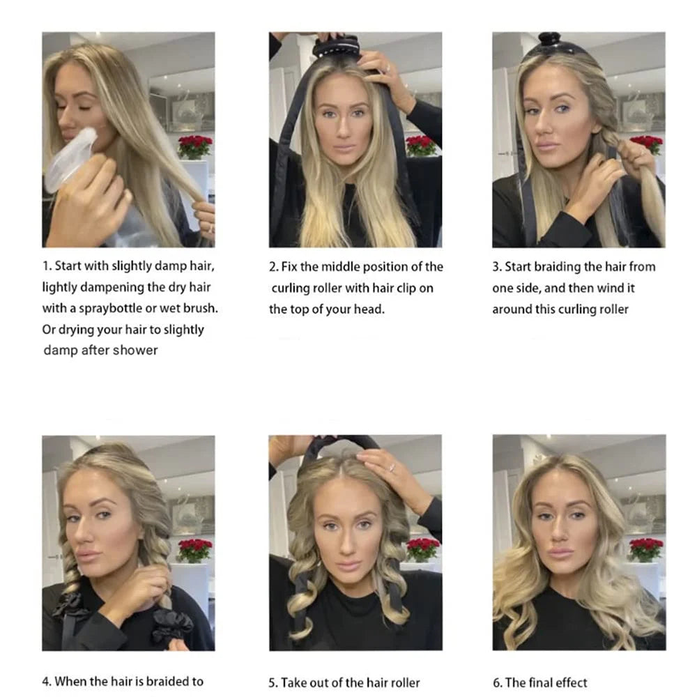 Heatless Curling Rod Headband Set styling steps and finished blonde curls