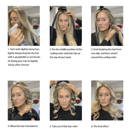 Heatless Curling Rod Headband Set styling steps and finished blonde curls
