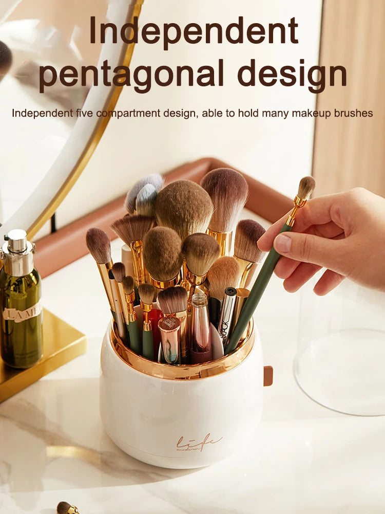 Green brush held above a white 360° Rotating Makeup Brush Storage Box with a gold rim