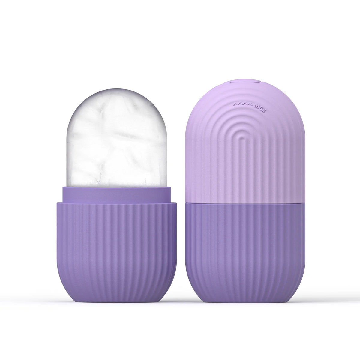 Purple Silicone Face Ice Cube Mold & Roller shown open and closed on white