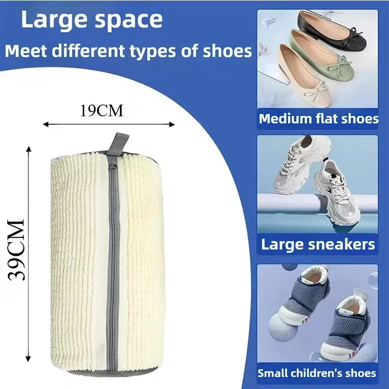 Beige Shoe Washing Bag for Washing Machine with gray base, textured fabric, and 19 x 39 cm measurements