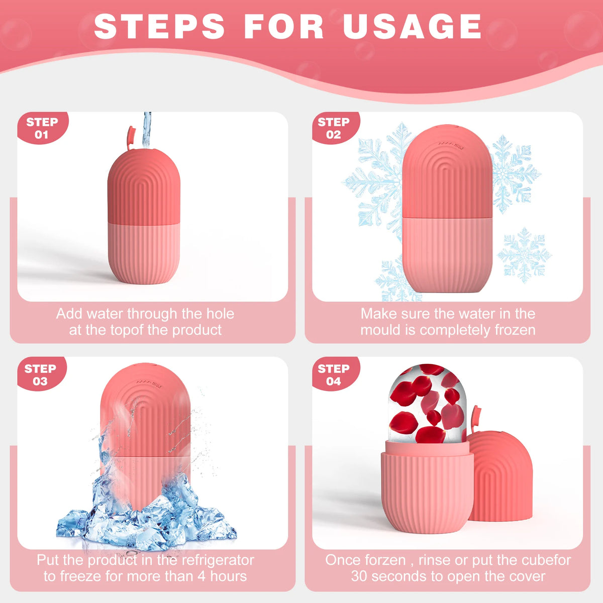 Pink and white Silicone Face Ice Cube Mold & Roller staged with ice and water splashes