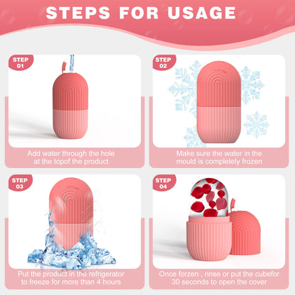 Pink and white Silicone Face Ice Cube Mold & Roller staged with ice and water splashes