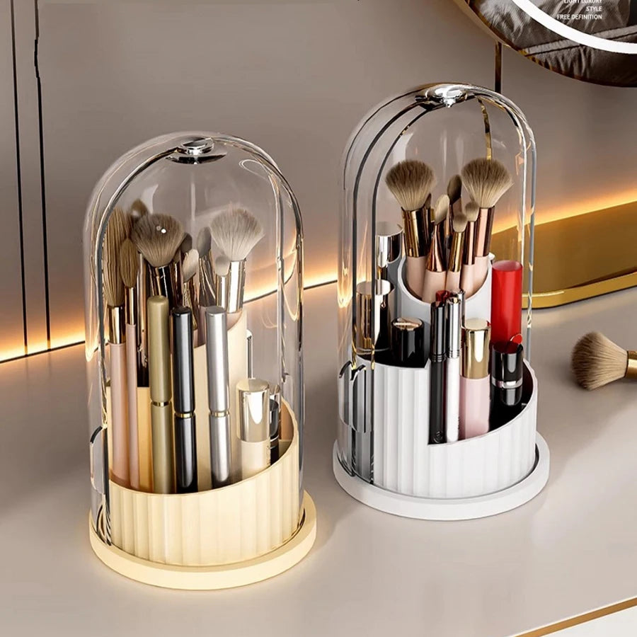 Yellow and white 180° Rotating Cosmetic Storage Boxes with clear domes and makeup