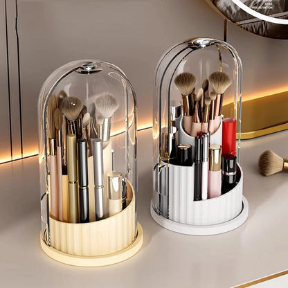 Yellow and white 180° Rotating Cosmetic Storage Boxes with clear domes and makeup