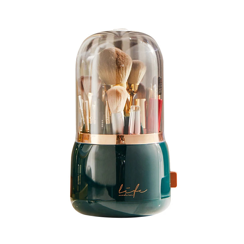Dark green 360° Rotating Makeup Brush Storage Box with clear dome and gold-ferruled brushes