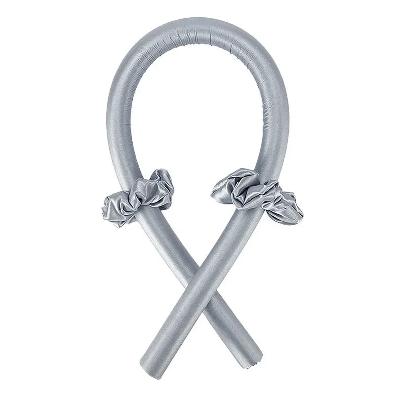 Silver Heatless Curling Rod Headband Set crossed with satin ruffled bands