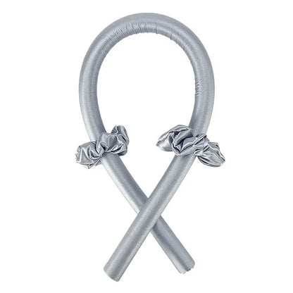 Silver Heatless Curling Rod Headband Set crossed with satin ruffled bands