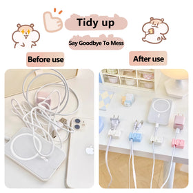 White No-Drill Cable Management Clips securing a coiled charging cable at the edge of a desk