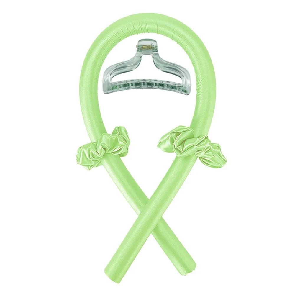 Lime green Heatless Curling Rod Headband Set with clear clip and ruffled accents