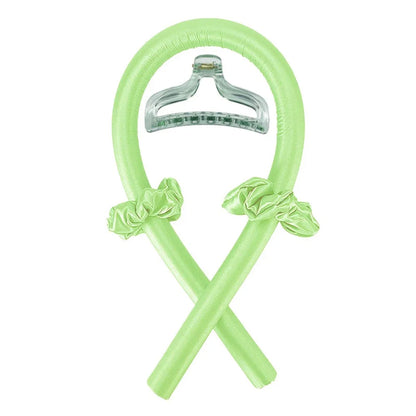 Lime green Heatless Curling Rod Headband Set with clear clip and ruffled accents