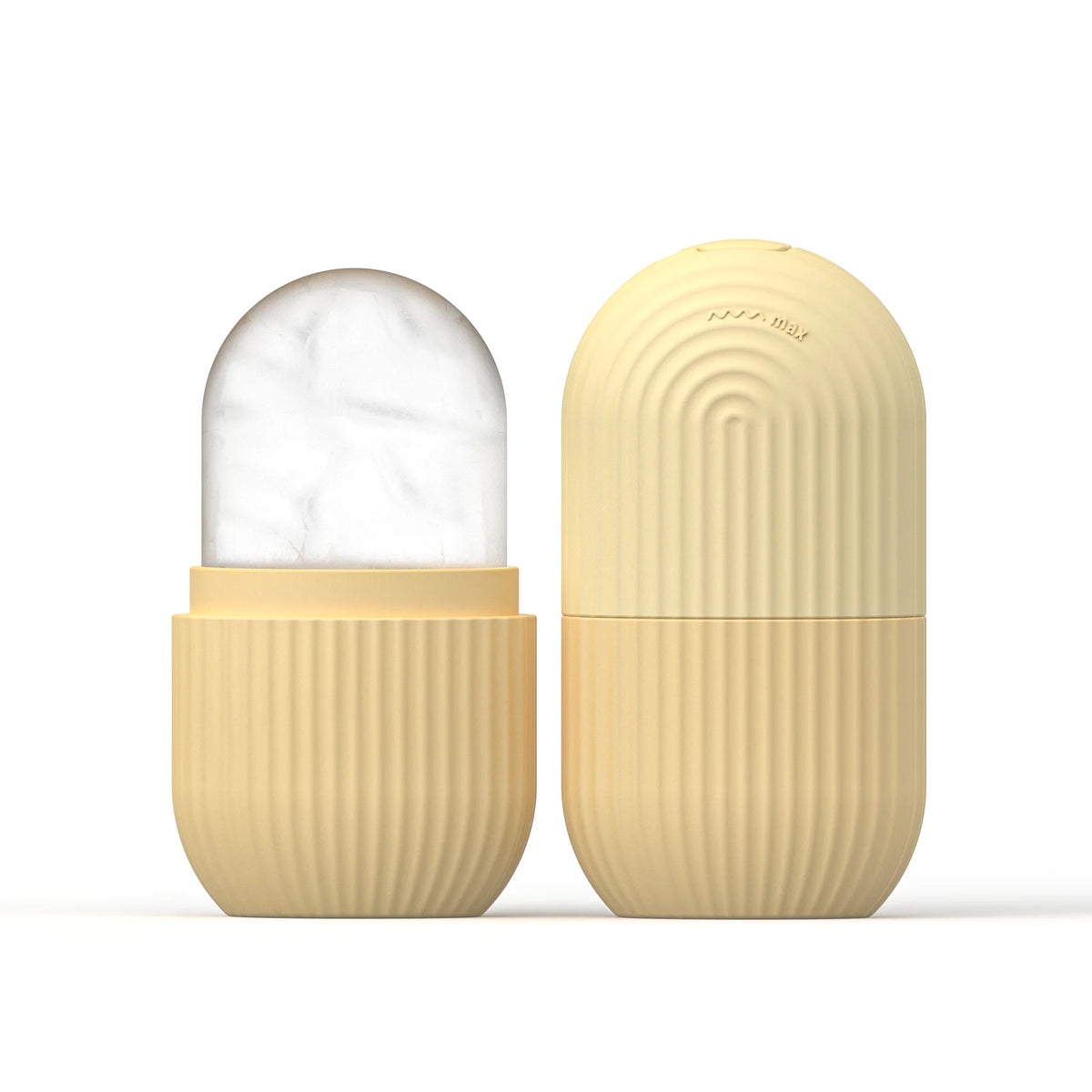 Gold Silicone Face Ice Cube Mold & Roller shown closed and open with marble-patterned ice