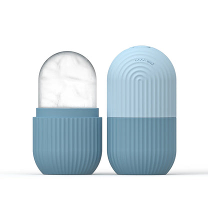 Blue Silicone Face Ice Cube Mold & Roller with clear textured dome and ribbed grip