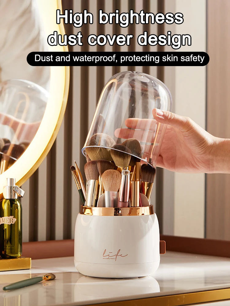 Hand fitting a clear lid onto a white 360° Rotating Makeup Brush Storage Box with gold rim