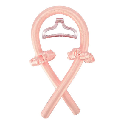 Crossed pink Heatless Curling Rod Headband Set with clear clip and fabric ruffles