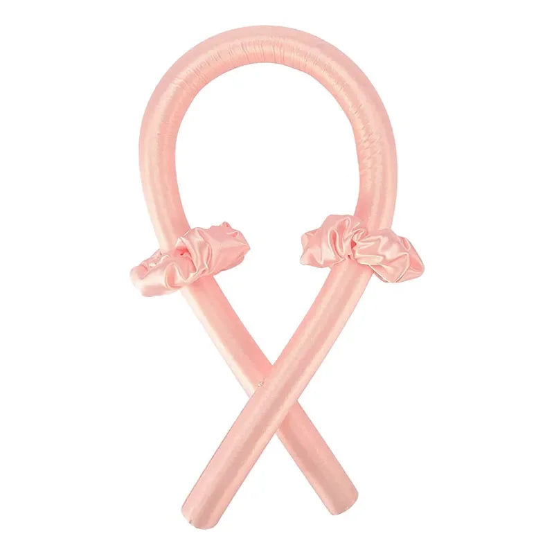 Glossy pink Heatless Curling Rod Headband Set with flexible band and satin ruffles