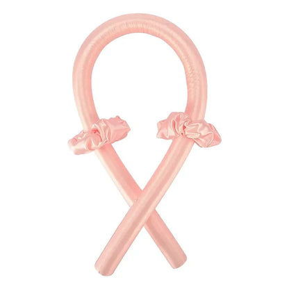 Glossy pink Heatless Curling Rod Headband Set with flexible band and satin ruffles