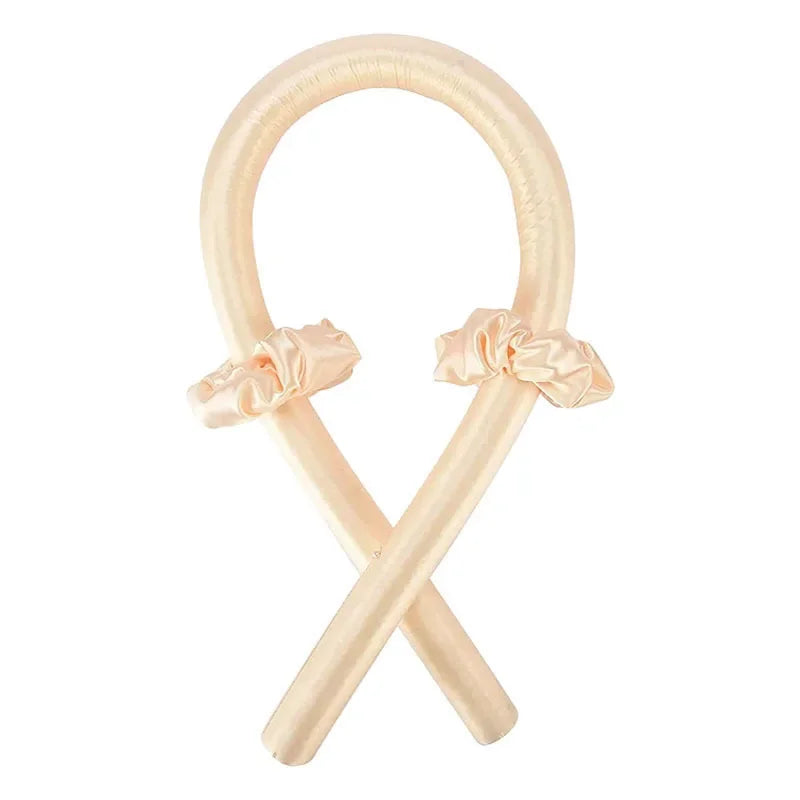 Champagne Heatless Curling Rod Headband Set crossed with satin bows at the ends
