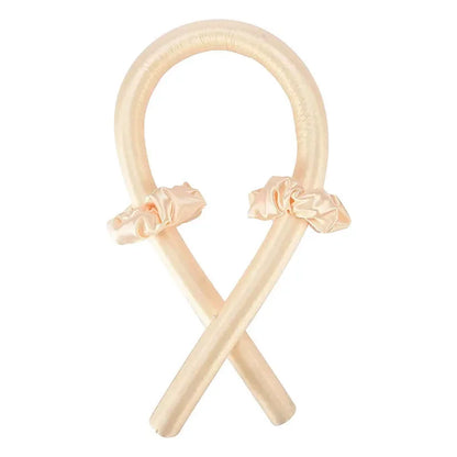 Champagne Heatless Curling Rod Headband Set crossed with satin bows at the ends