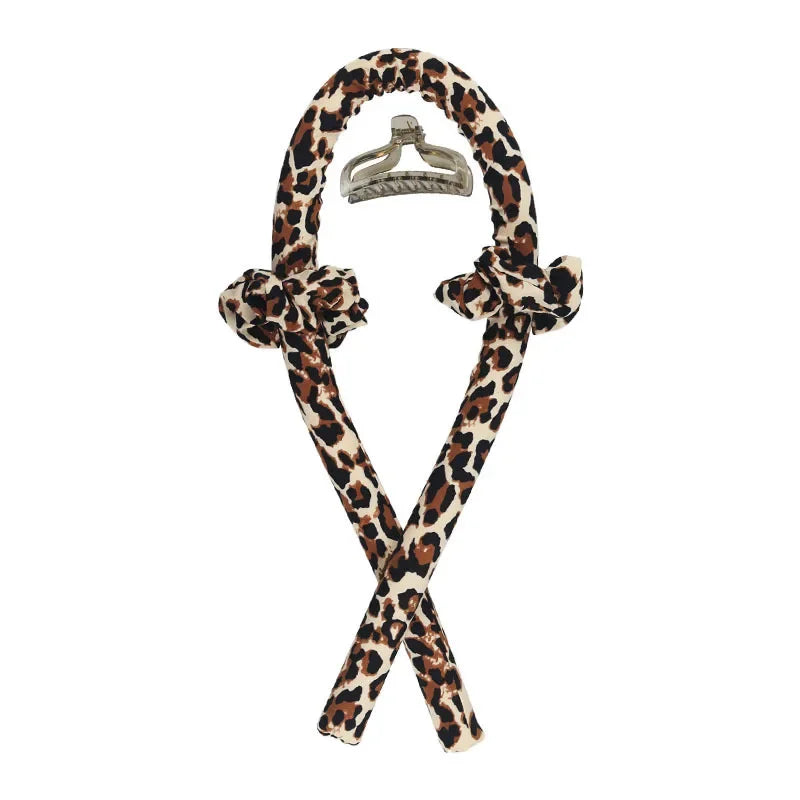Leopard print Heatless Curling Rod Headband Set with a silver securing clip