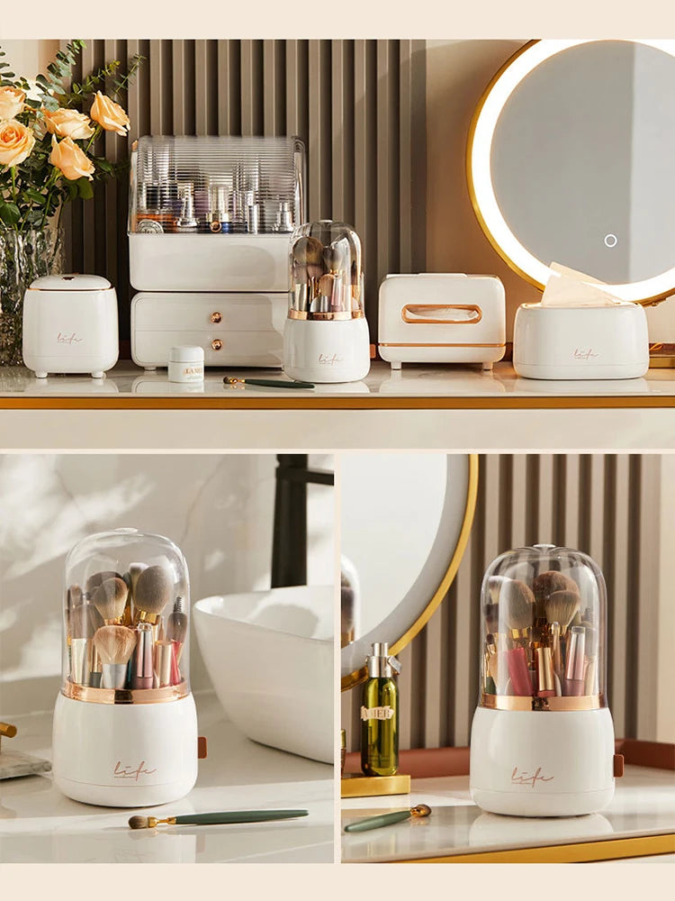 360° Rotating Makeup Brush Storage Box with assorted brushes on a vanity countertop