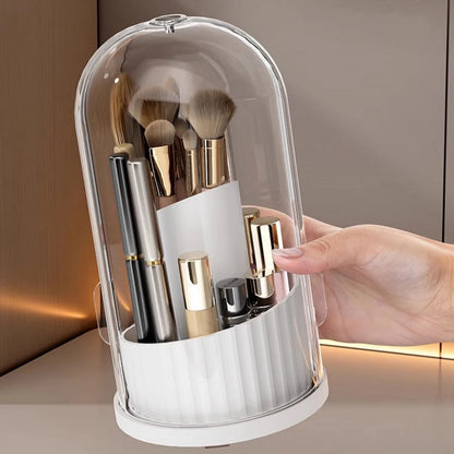 White 180° Rotating Cosmetic Storage Box holding gold-handled brushes and cosmetics