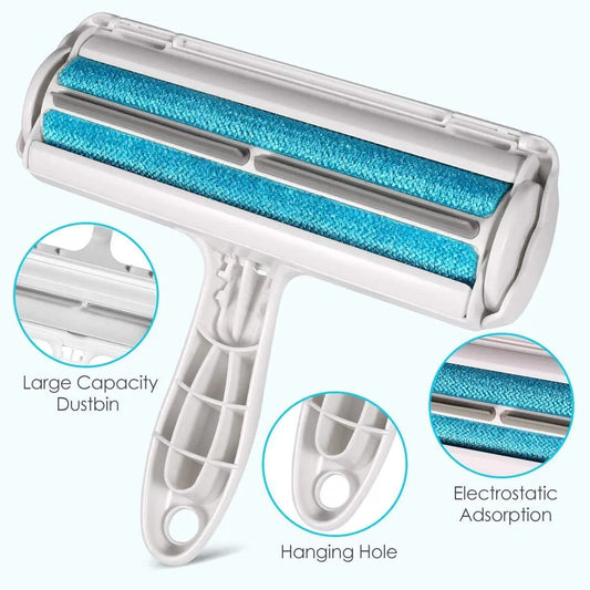Underside of the reusable roller showing the blue fabric strips, chamber and hanging hole.