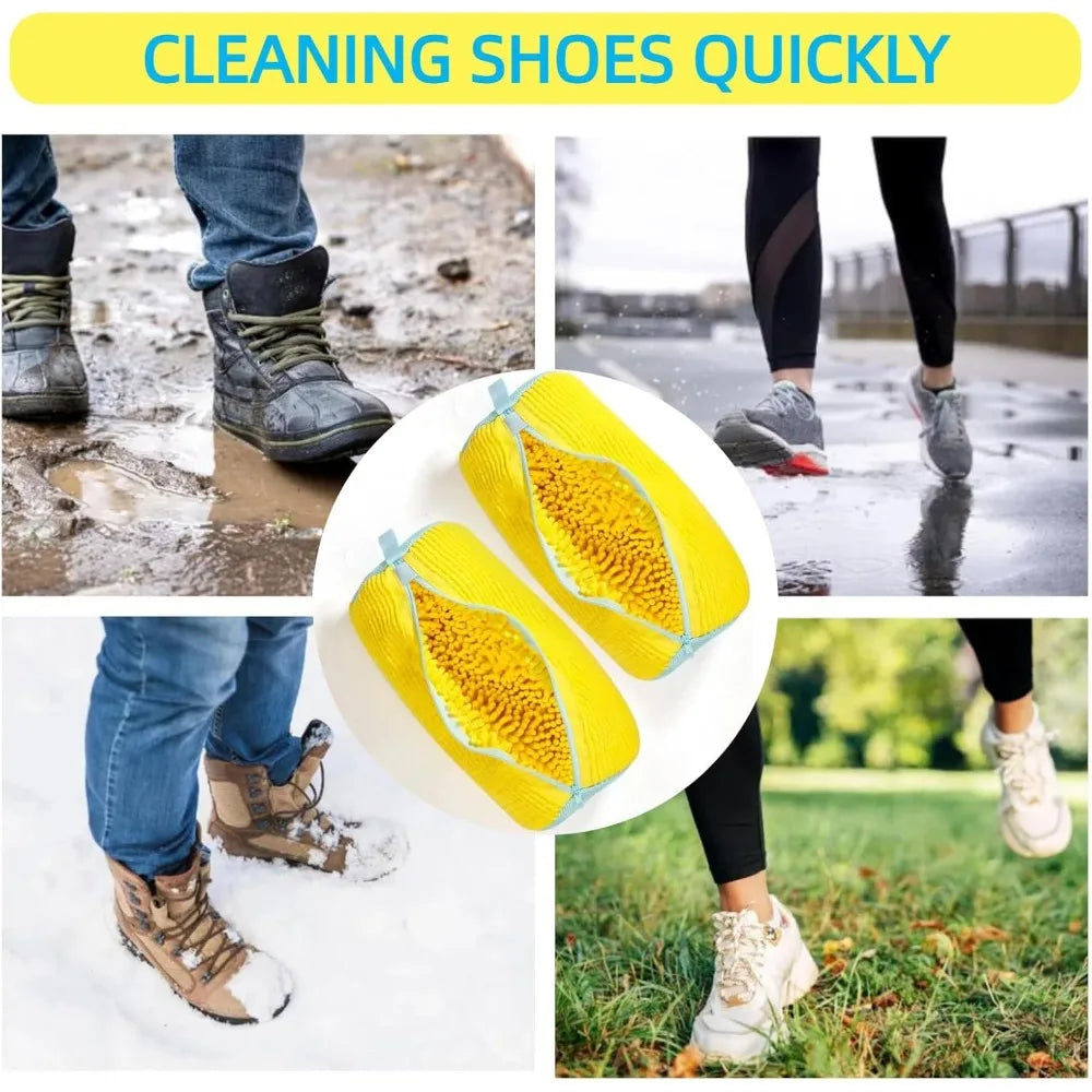 Two yellow Shoe Washing Bags for Washing Machine displayed with shoes worn in mud, rain, snow, and grass