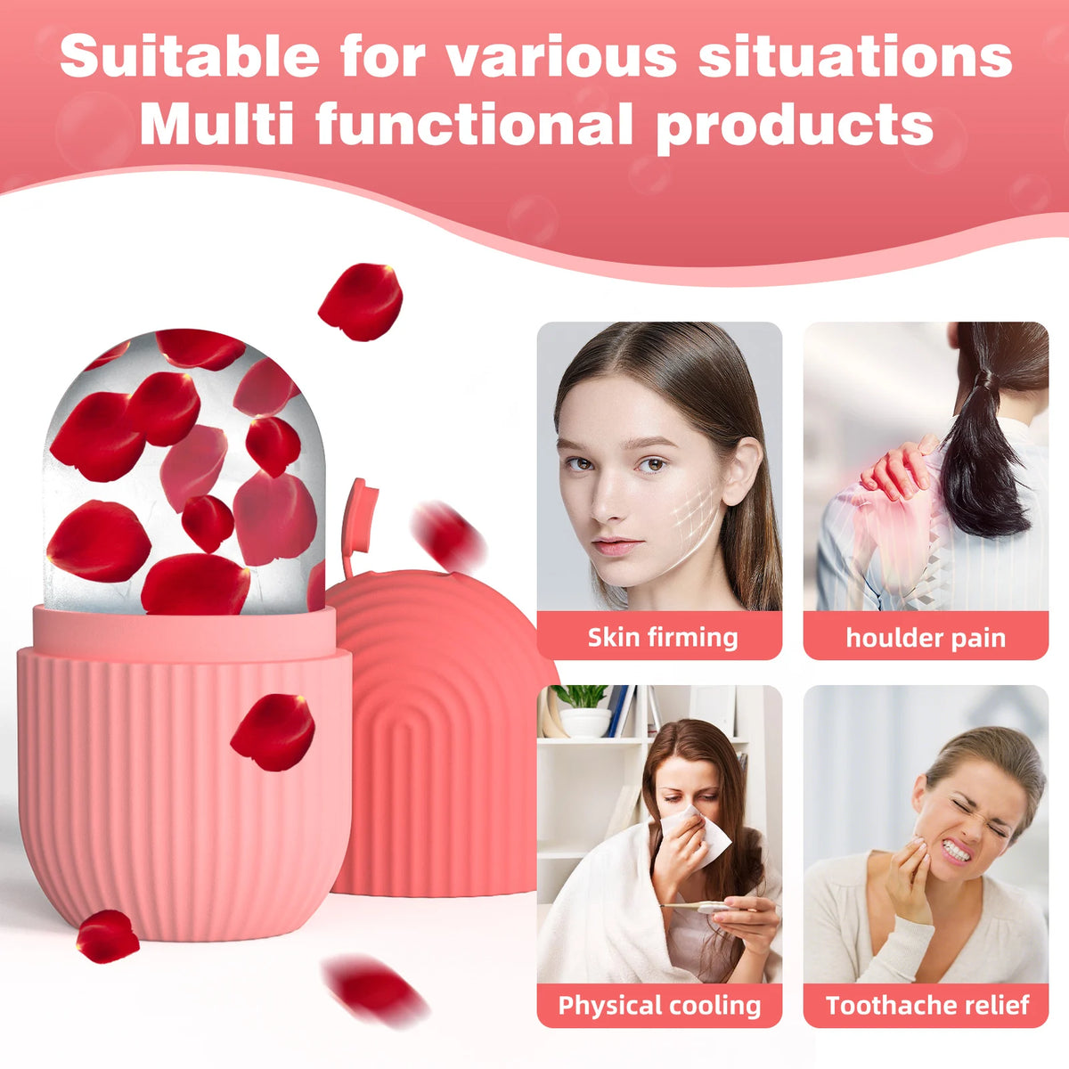 Open pink Silicone Face Ice Cube Mold & Roller with rose petals and facial-use model