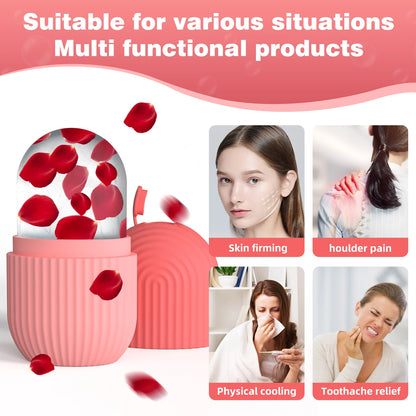 Open pink Silicone Face Ice Cube Mold & Roller with rose petals and facial-use model