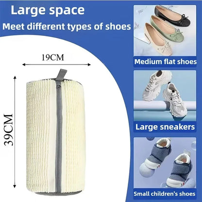 Beige Shoe Washing Bag for Washing Machine with gray zipper and labeled 19 x 39 cm dimensions