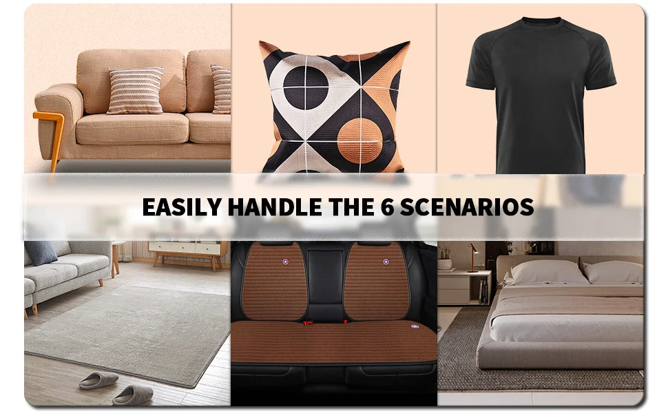 Collage of fabric surfaces including a sofa, cushion, shirt, rug, car seat and bedding.