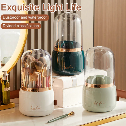 360° Rotating Makeup Brush Storage Box in white, green, black and purple with clear dome lids