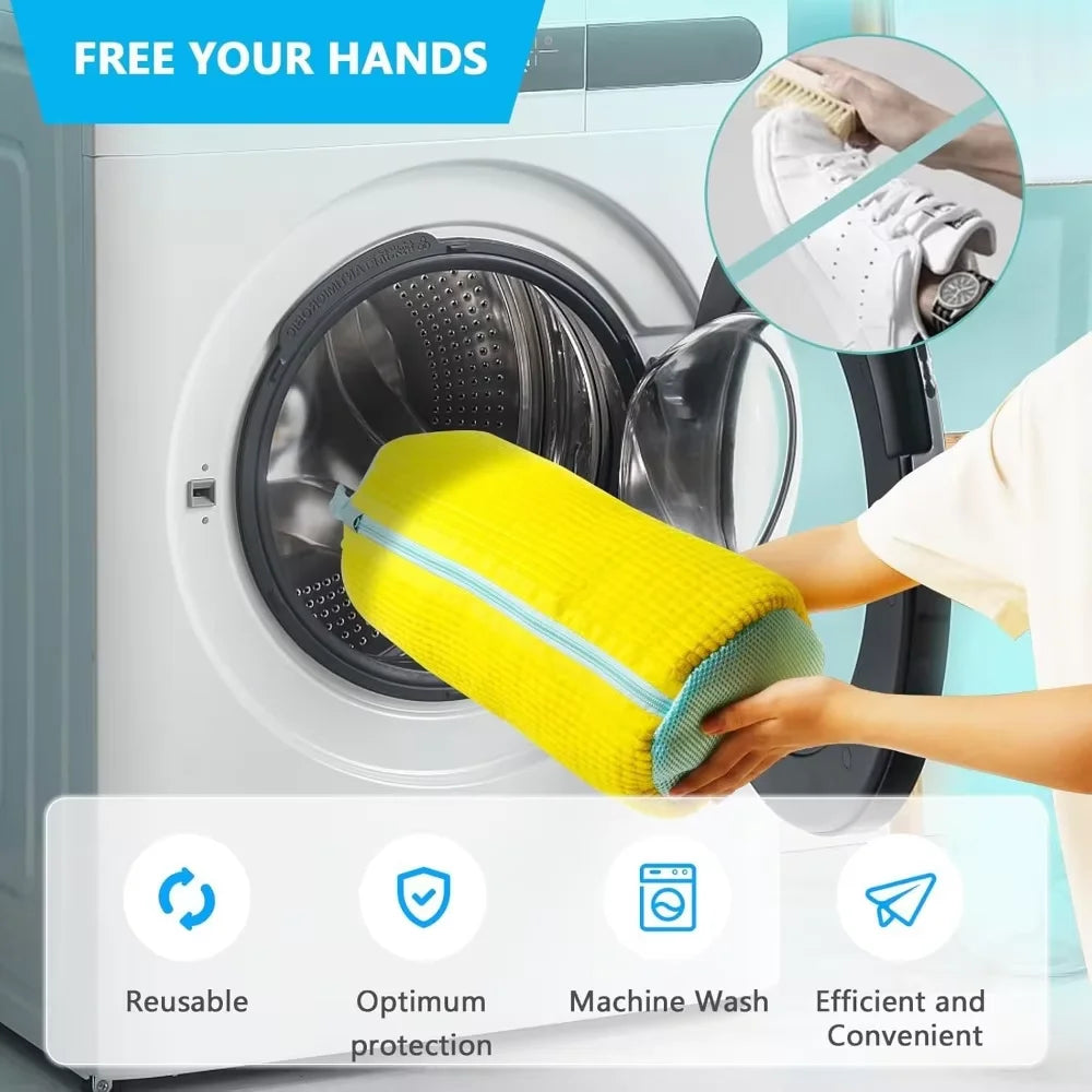 Person placing a yellow Shoe Washing Bag for Washing Machine into an open front-loading washer