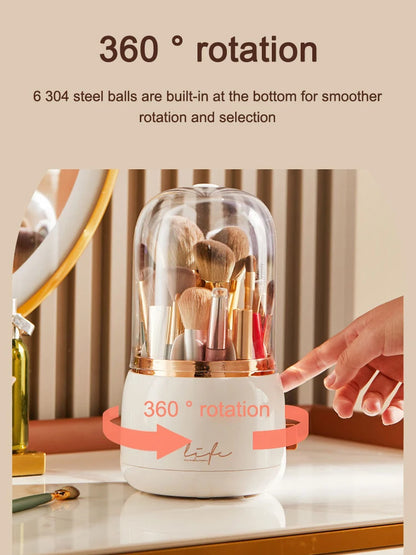 White 360° Rotating Makeup Brush Storage Box with gold life logo, clear dome and assorted brushes