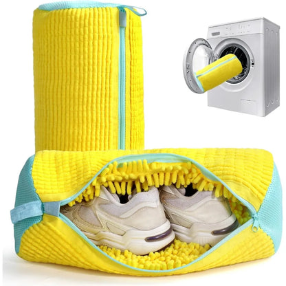 Yellow Shoe Washing Bag for Washing Machine containing white sneakers beside a front-loading washer