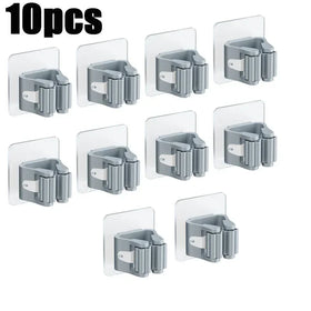 Ten grey Self-Adhesive Broom & Mop Wall Holder clips arranged on a white background