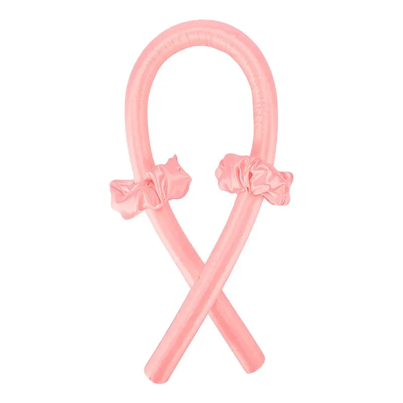 Flamingo pink no-clip Heatless Curling Rod Headband Set with two fabric ruffles