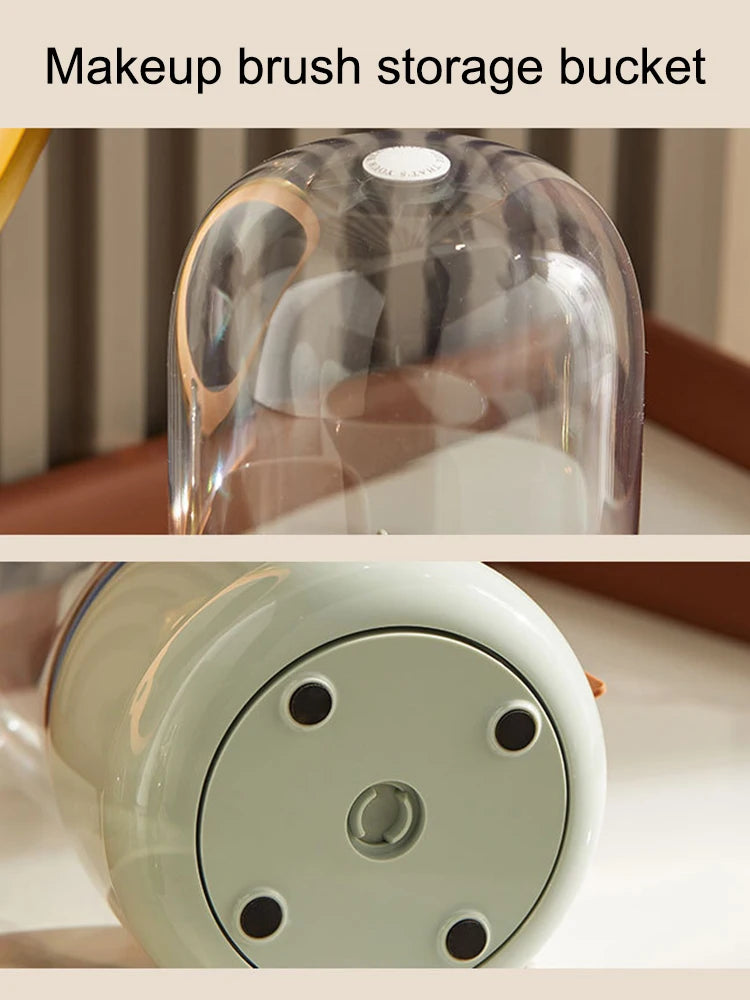 360° Rotating Makeup Brush Storage Box shown open with a white circular base and clear dome