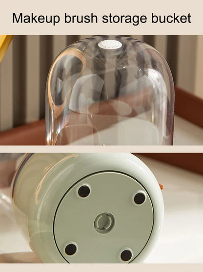 360° Rotating Makeup Brush Storage Box shown open with a white circular base and clear dome