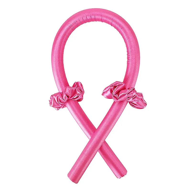 Glossy pink Heatless Curling Rod Headband Set with looped shape and side ruffles