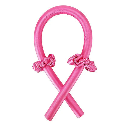 Glossy pink Heatless Curling Rod Headband Set with looped shape and side ruffles