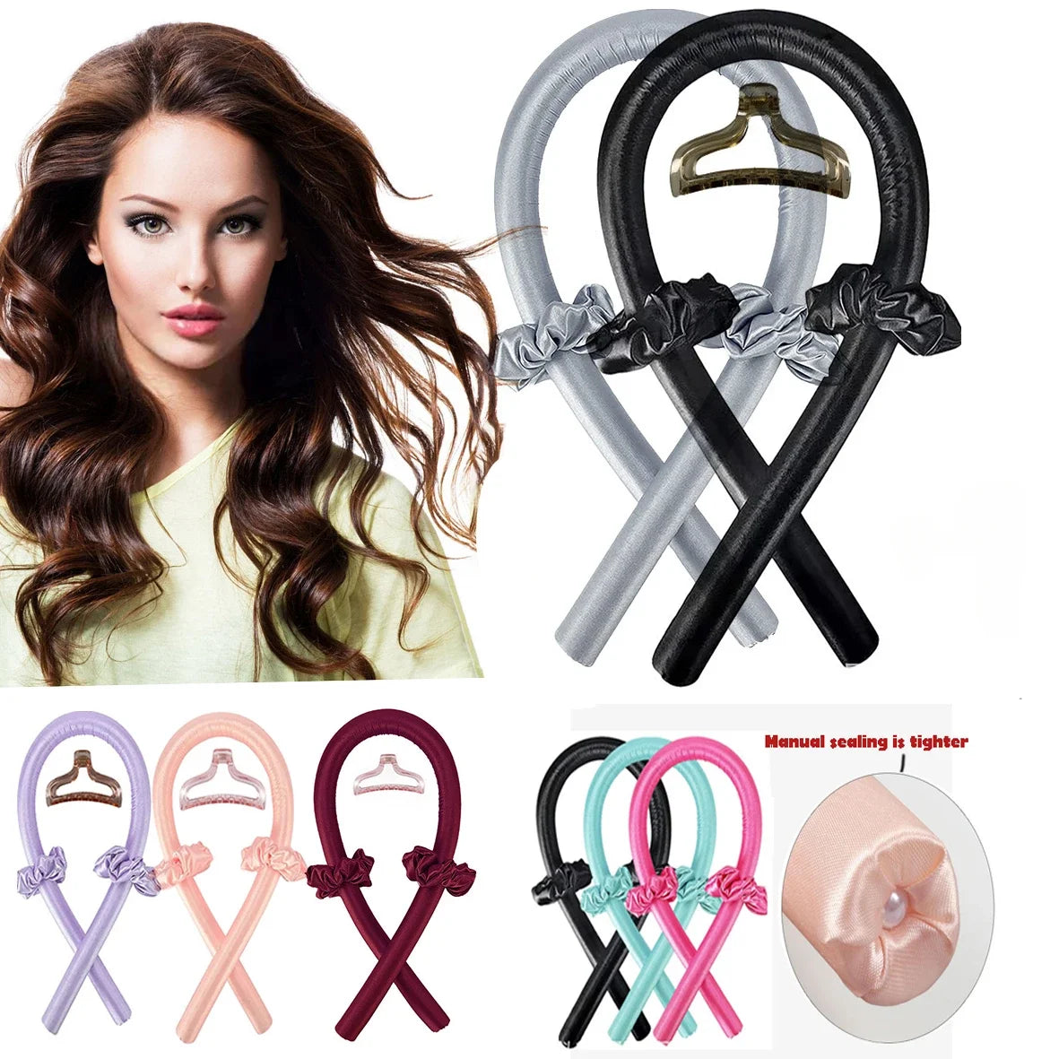 Heatless Curling Rod Headband Set in five colors beside a woman with wavy hair