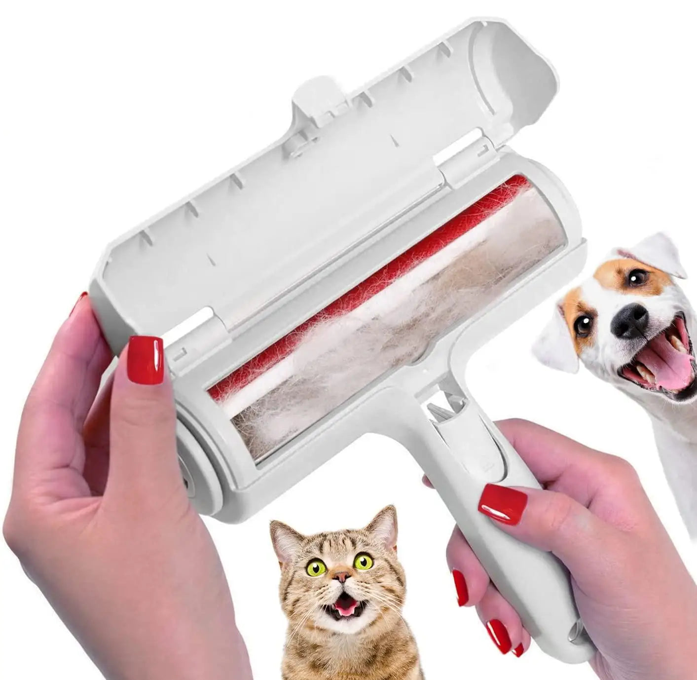 Reusable pet hair roller with its collection chamber open and filled with loose hair.