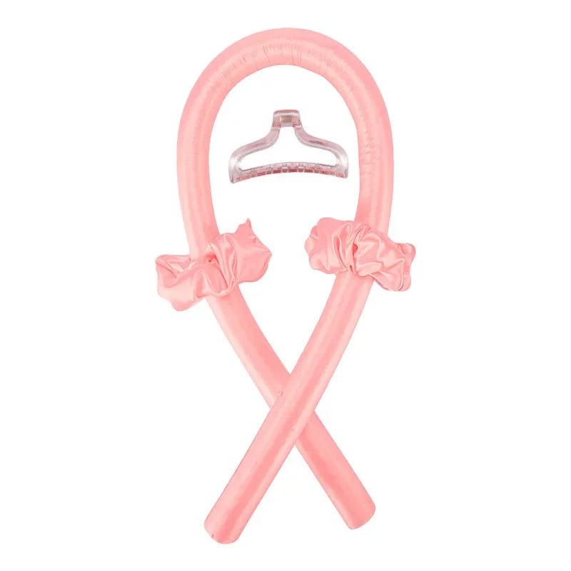 Pink Heatless Curling Rod Headband Set with flexible band and silver clip