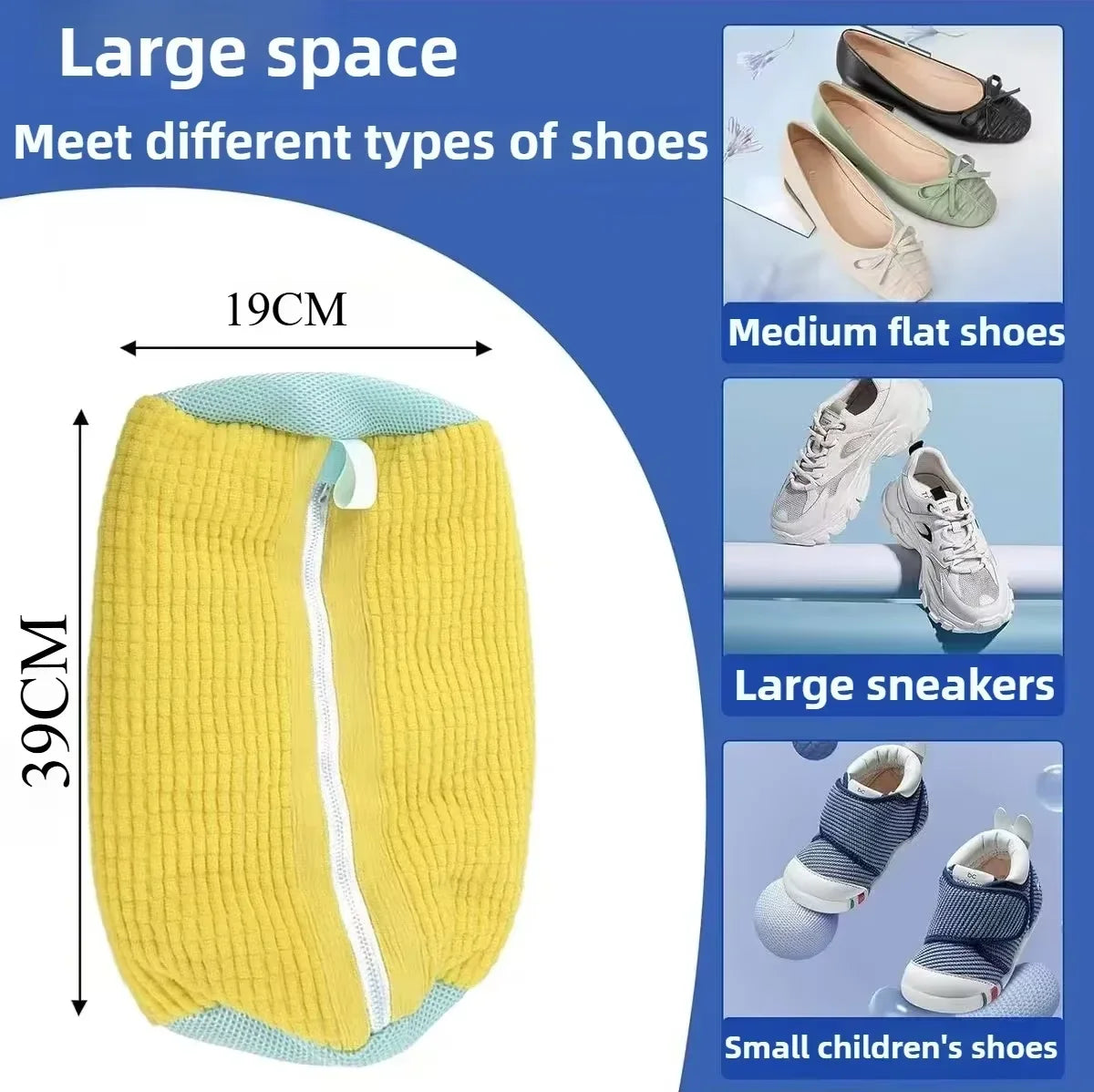 Yellow Shoe Washing Bag for Washing Machine with examples of flat shoes, sneakers, and children's shoes