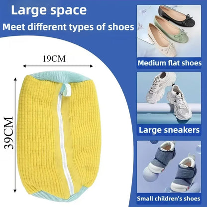 Yellow Shoe Washing Bag for Washing Machine with examples of flat shoes, sneakers, and children's shoes