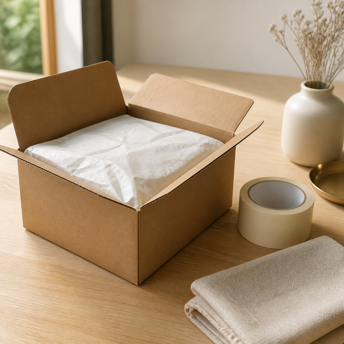 Open kraft shipping box with tissue paper, paper tape and linen cloth on a wooden table (AI-generated visualization)