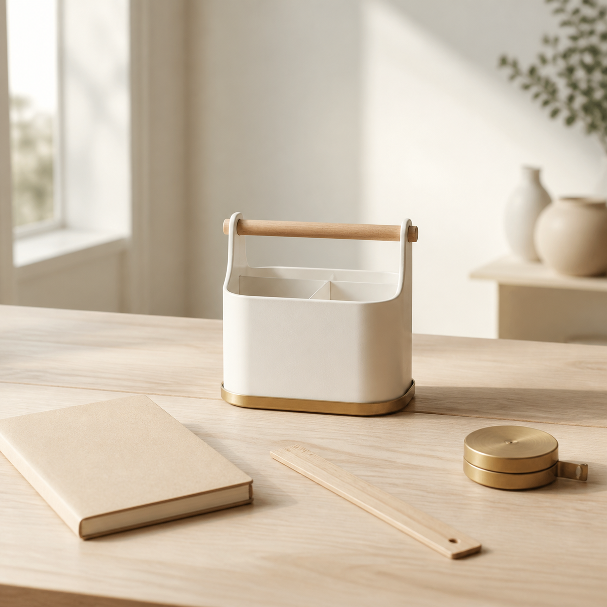 Single household product on an evaluation desk with notebook and measuring tape (AI-generated visualization)