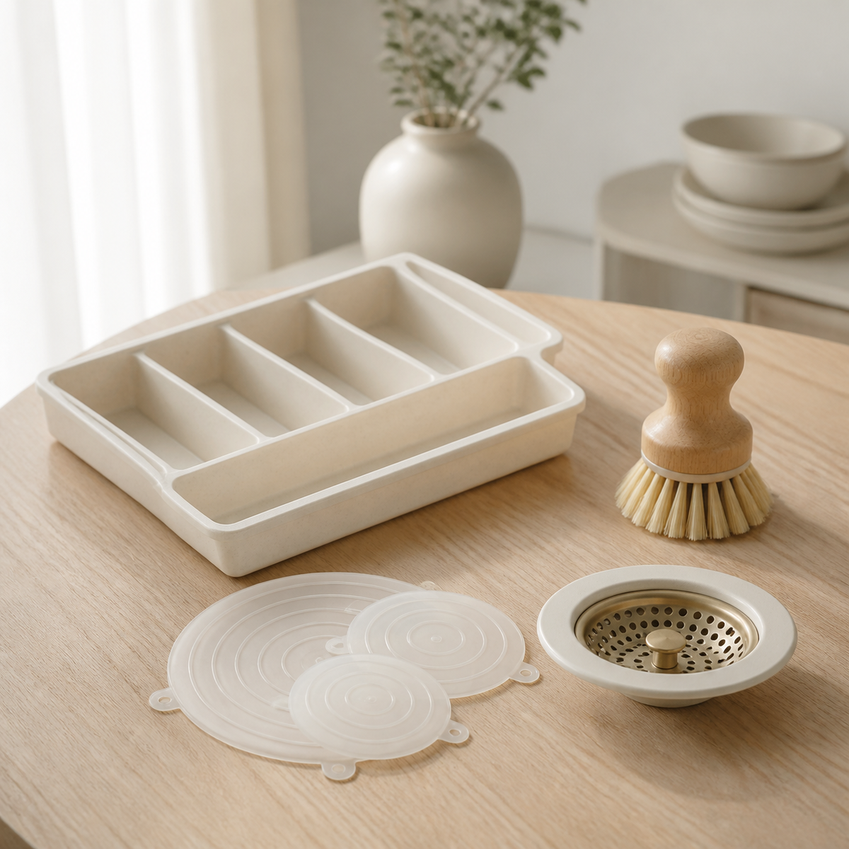 Practical neutral household helpers arranged on a bright wooden table (AI-generated visualization)